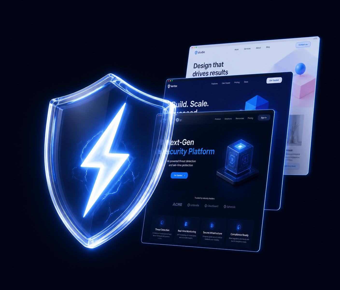 Glowing BrandHero shield with website mockups